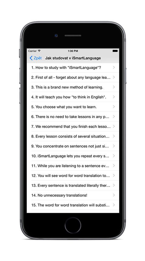 Angličtina PREMIUM na iPhone 6 - seznam vět