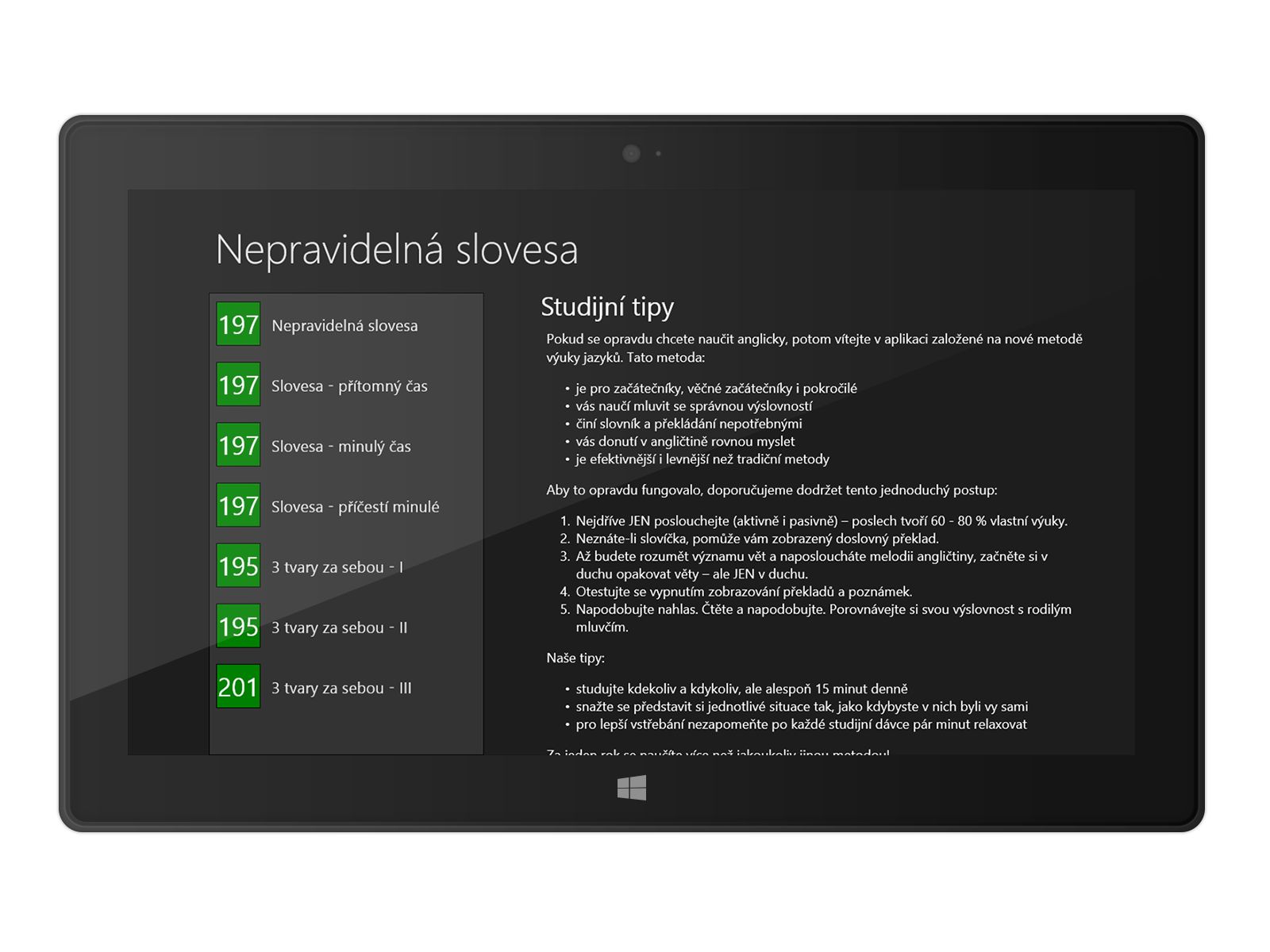 Nepravidelná slovesa na Windows - seznam lekcí