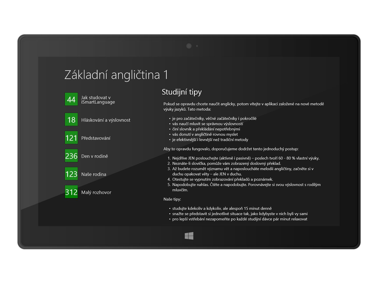 Základní angličtina 1 na Windows - seznam lekcí