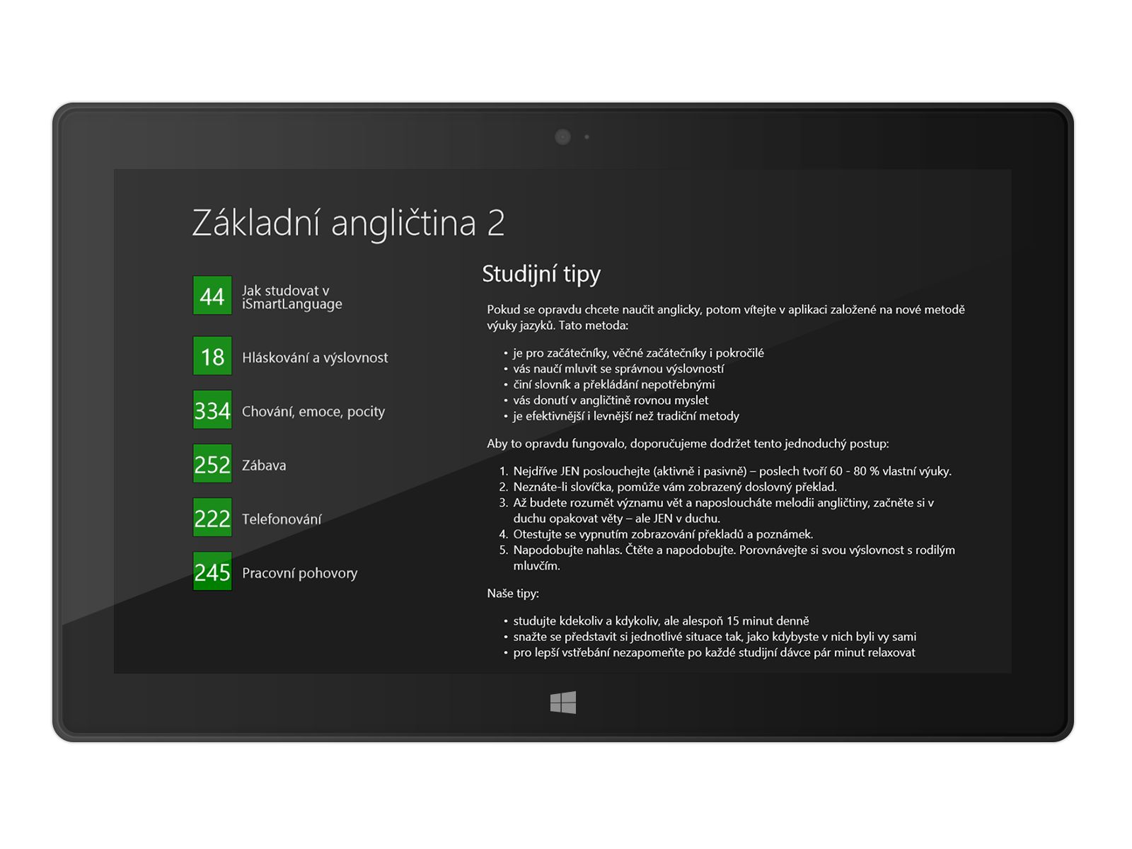 Základní angličtina 2 na Windows - seznam lekcí
